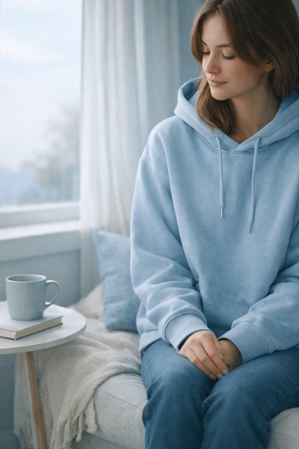 Person in a soft blue hoodie sitting by a window with calm natural light, symbolizing reflection, encouragement, and the message that some days just showing up is enough.