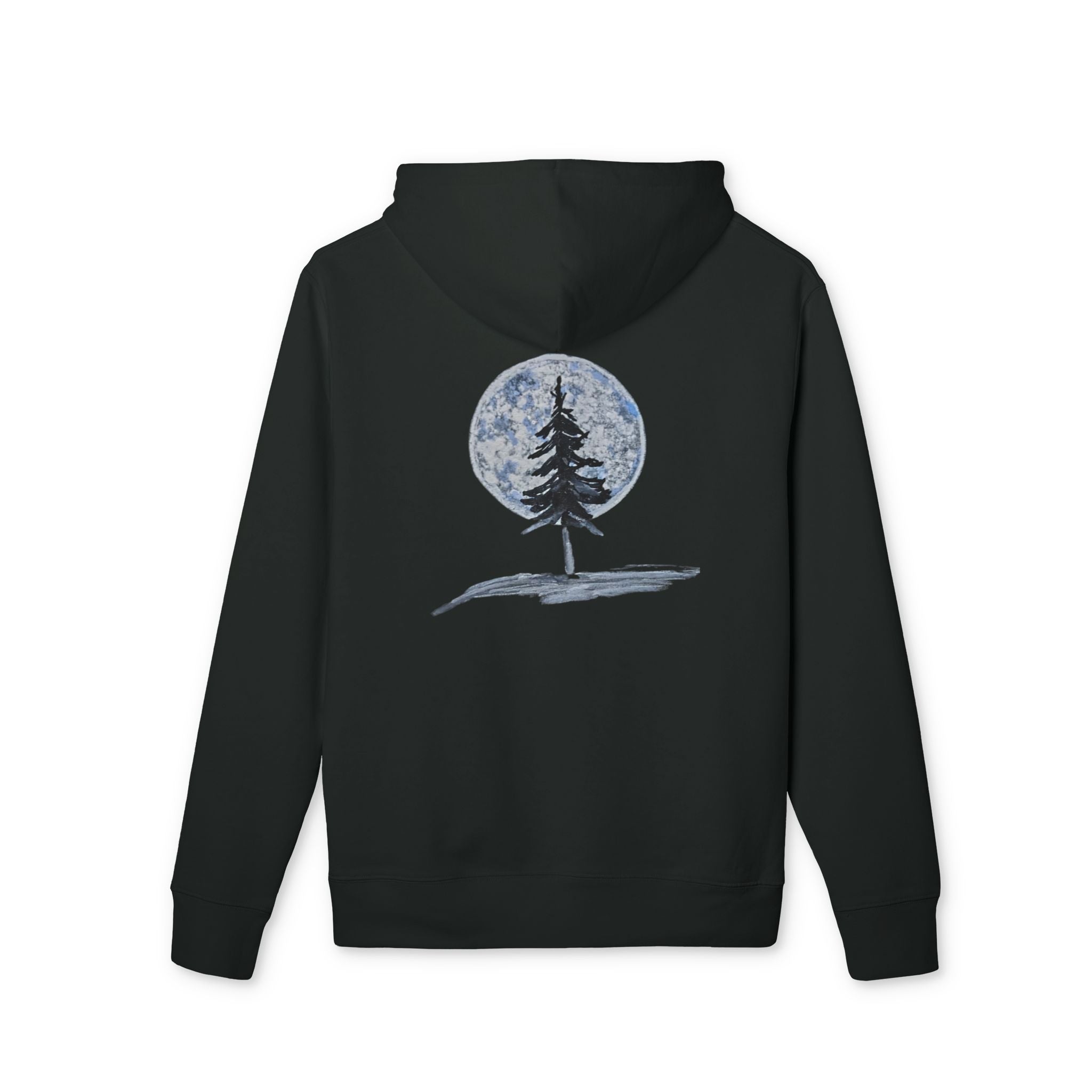 Quiet Strength Original Chalk Art Pine Moon Hoodie back view in black
