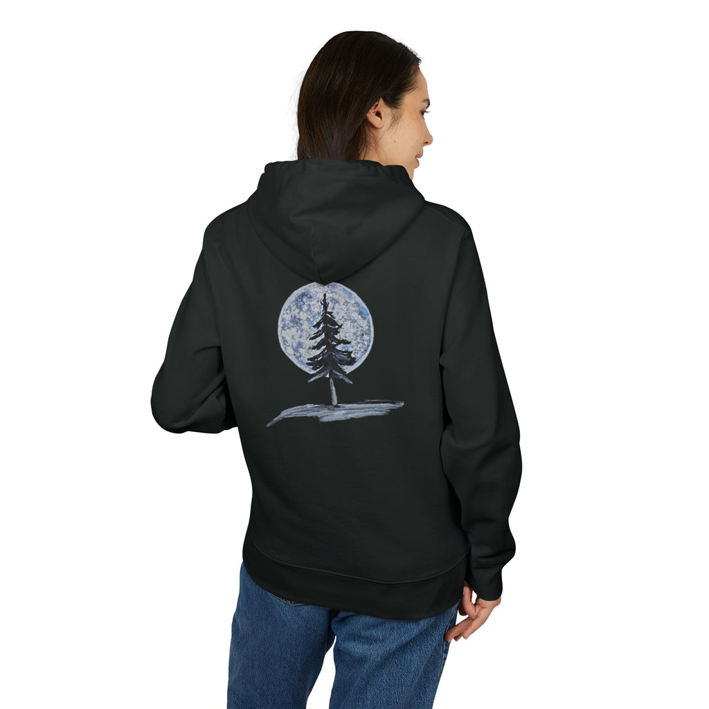 Model wearing Quiet Strength Original Chalk Art Pine Moon Hoodie back view