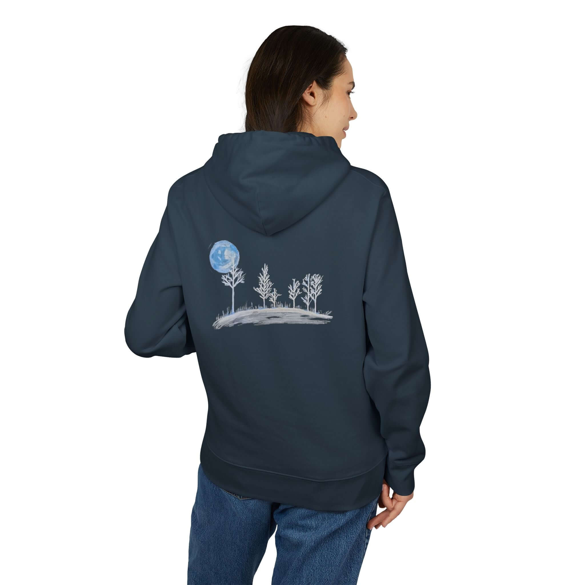 Model wearing Moonlit Forest Original Chalk Art Hoodie back view india ink grey