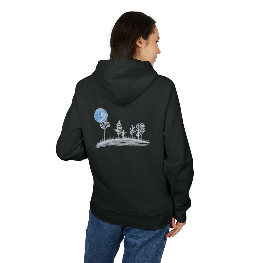 Model wearing Moonlit Forest Original Chalk Art Hoodie back view