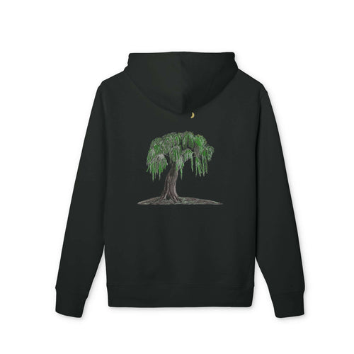 Crescent Willow Hoodie/Pullover Nation back view in black with orginal tree art