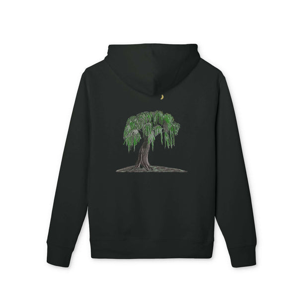 Crescent Willow Hoodie/Pullover Nation back view in black with orginal tree art